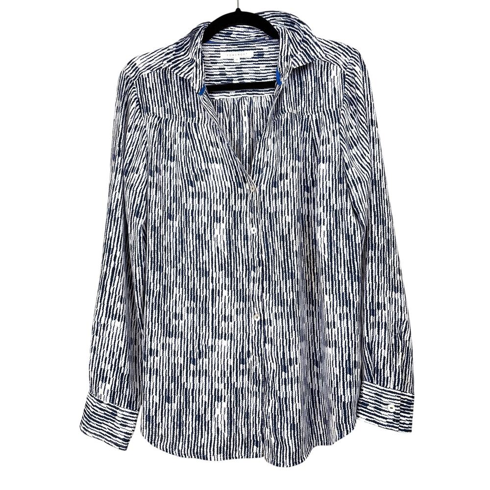 Foxcroft Womens 12 Blue White Geometric Stripe Button Up Lightweight Blouse